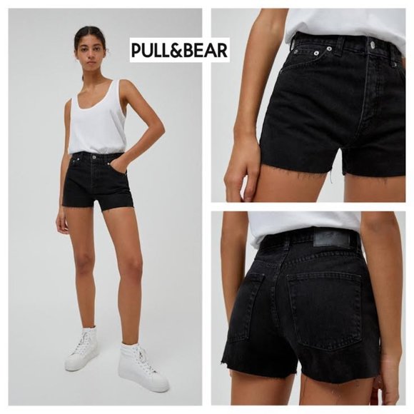 NWT PULL&BEAR Black Denim Jean Shorts Raw Hemline High Rise 30" Waist - Picture 1 of 15